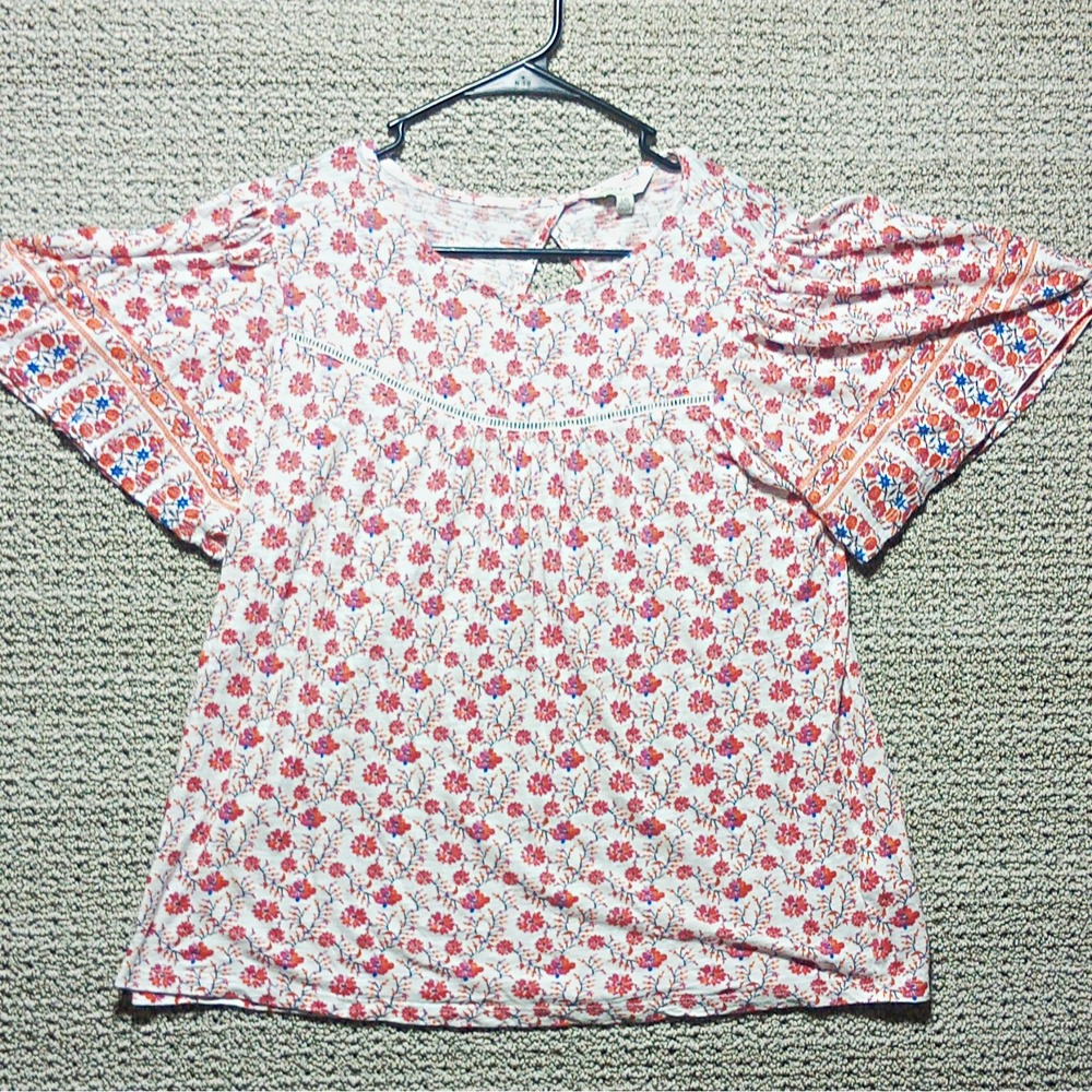 Lucky Brand K11 Women Floral Round Neck Flutter Short Sleeve Lace Blouse Size L